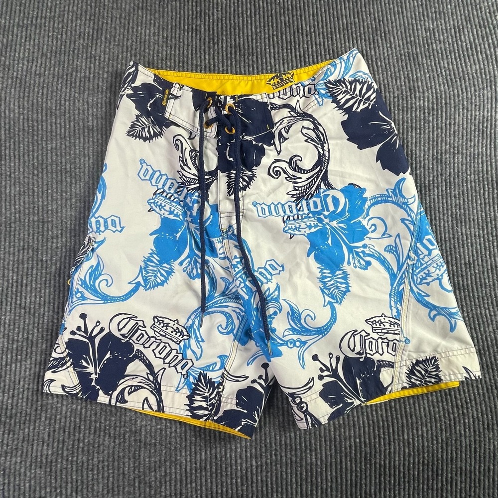 Corona Beer Extra Board Shorts Mens 30 White Blue‎ All Over Print Floral Surfing